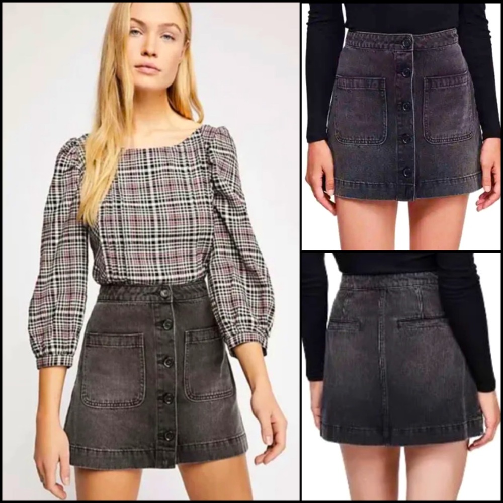 We The free Charcoal Super High Waisted Button Front Denim Jean Mini Skirt